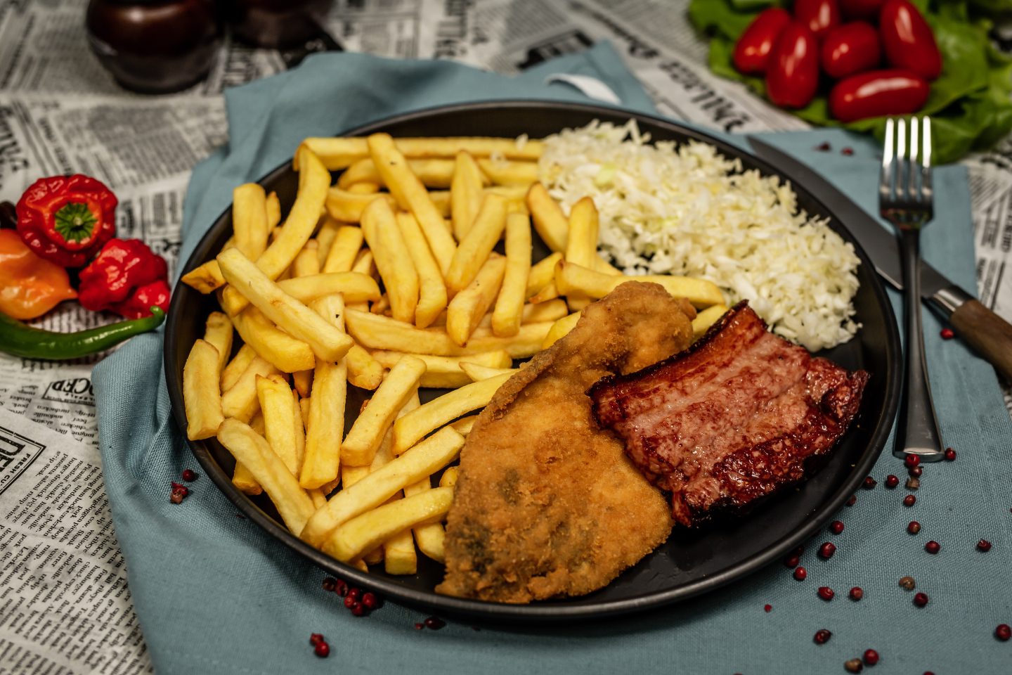 Piept de porc suculent cu cartofi prăjiți și salată de varză – o experiență culinară care îți răsfață papilele gustative!